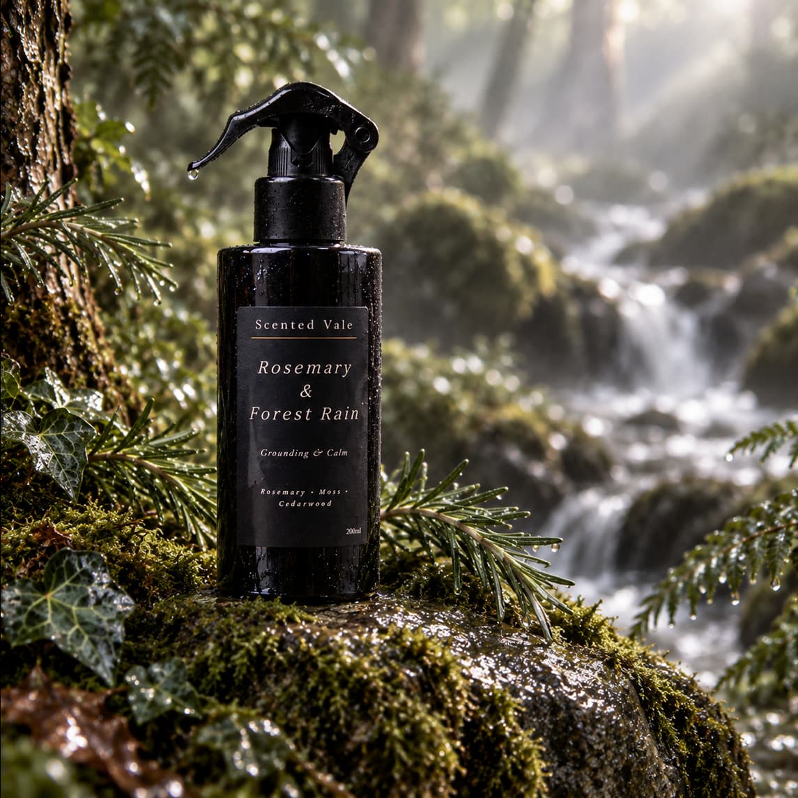 A black spray bottle labeled 'Scented Vale Rosemary & Forest Rain' placed on mossy rocks beside a forest stream, with blurred trees and water in the background.