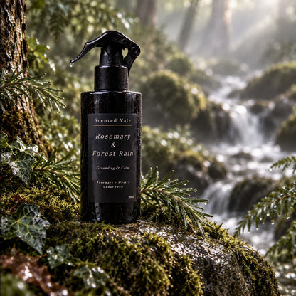 A black spray bottle labeled 'Scented Vale Rosemary & Forest Rain' placed on mossy rocks beside a forest stream, with blurred trees and water in the background.