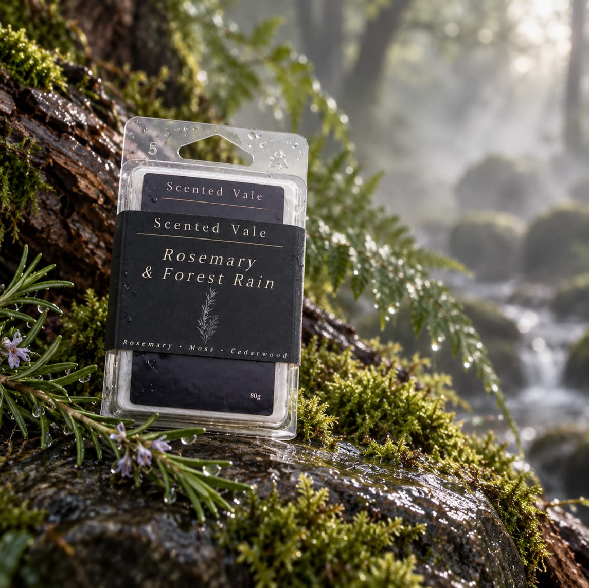A packaged scented wax melt from Scented Vale, labeled 'Rosemary & Forest Rain,' placed on a mossy rock in a forest setting with water droplets and a blurred stream in the background.