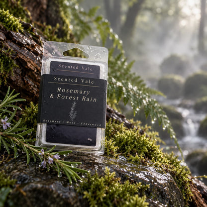 A packaged scented wax melt from Scented Vale, labeled 'Rosemary & Forest Rain,' placed on a mossy rock in a forest setting with water droplets and a blurred stream in the background.