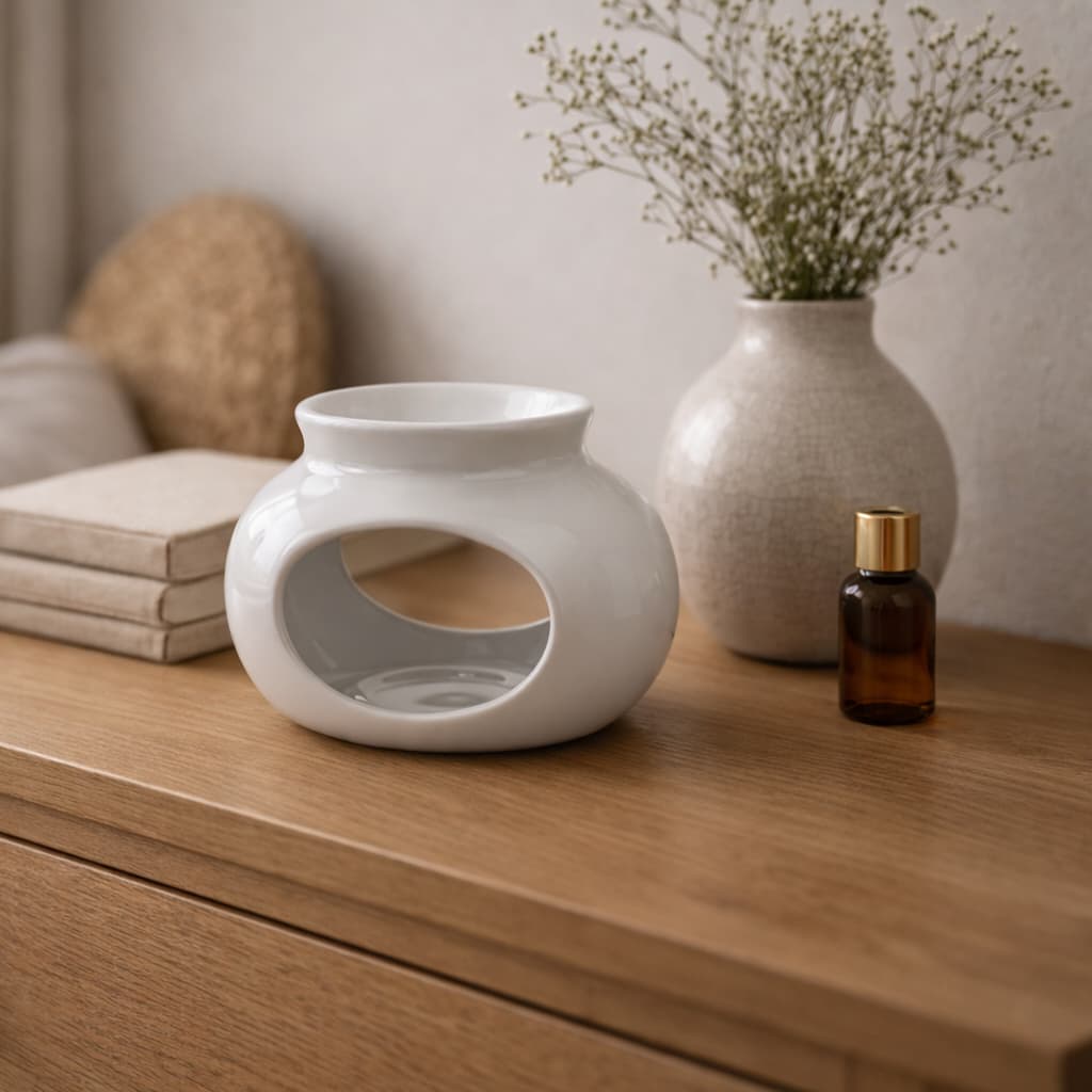 Rowan in White ceramic wax warmer on a wooden surface with a vase and bottle in the background.