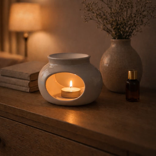 Rowan Ceramic Wax Warmer with a lit candle on a wooden surface, surrounded by books and a vase.