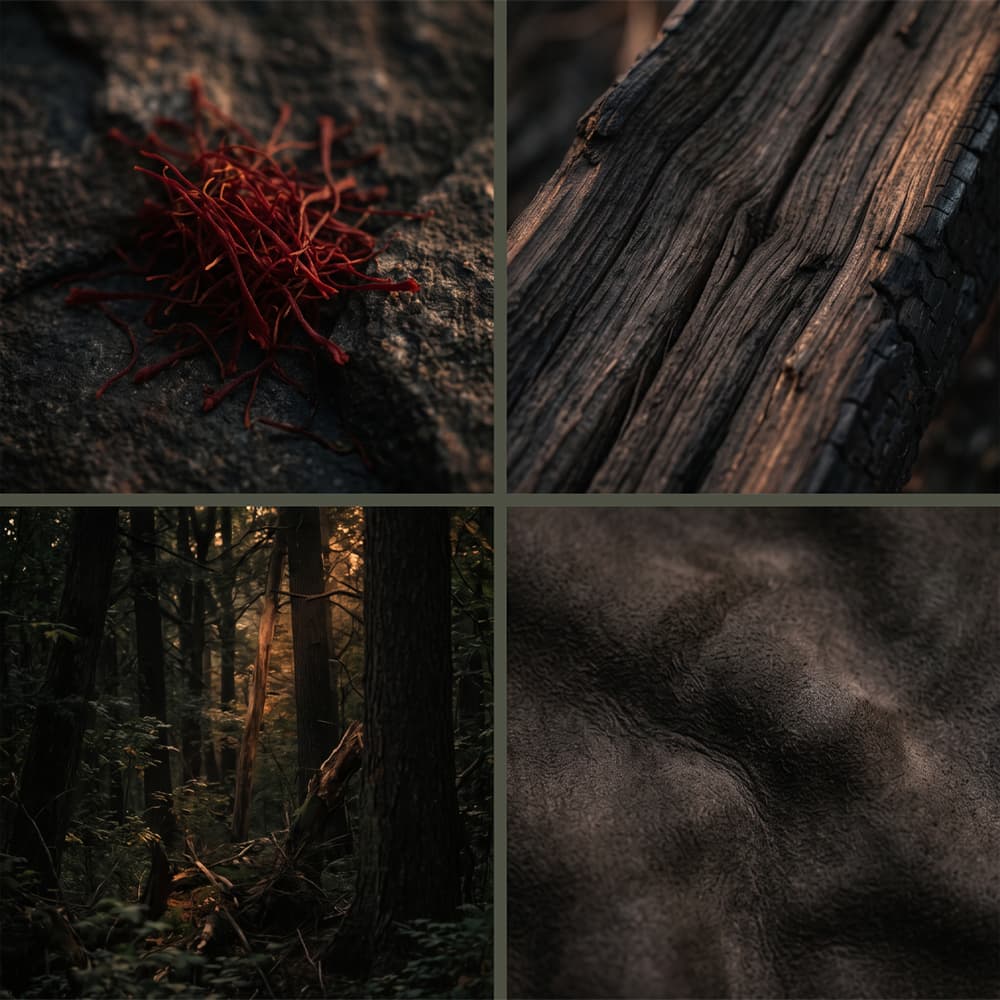 A four-panel collage of dark, moody textures and scenes: red threads on rock, weathered wood grain, a forest interior with light through trees, and a close-up of dark textured material.