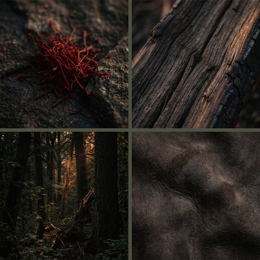 A four-panel collage of dark, moody textures and scenes: red threads on rock, weathered wood grain, a forest interior with light through trees, and a close-up of dark textured material.