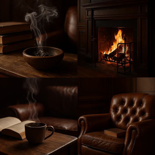A warm, masculine collage featuring a roaring fireplace, soft smoke curling from a wooden bowl, a steaming cup beside an open book, and a leather armchair with vintage wood panelling, capturing the deep, comforting stillness of Sandalwood & Smoke.