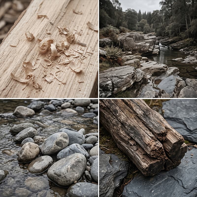 Sandalwood & Weathered Stone fragrance mood board with pale sandalwood shavings, rocky river landscape, smooth wet stones and aged timber.