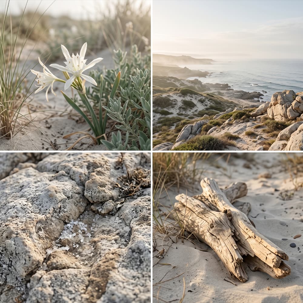 Sea Lily & Salt Air fragrance mood board with white sea lilies, a sunlit coastal landscape, salt-crusted rocks and weathered driftwood.