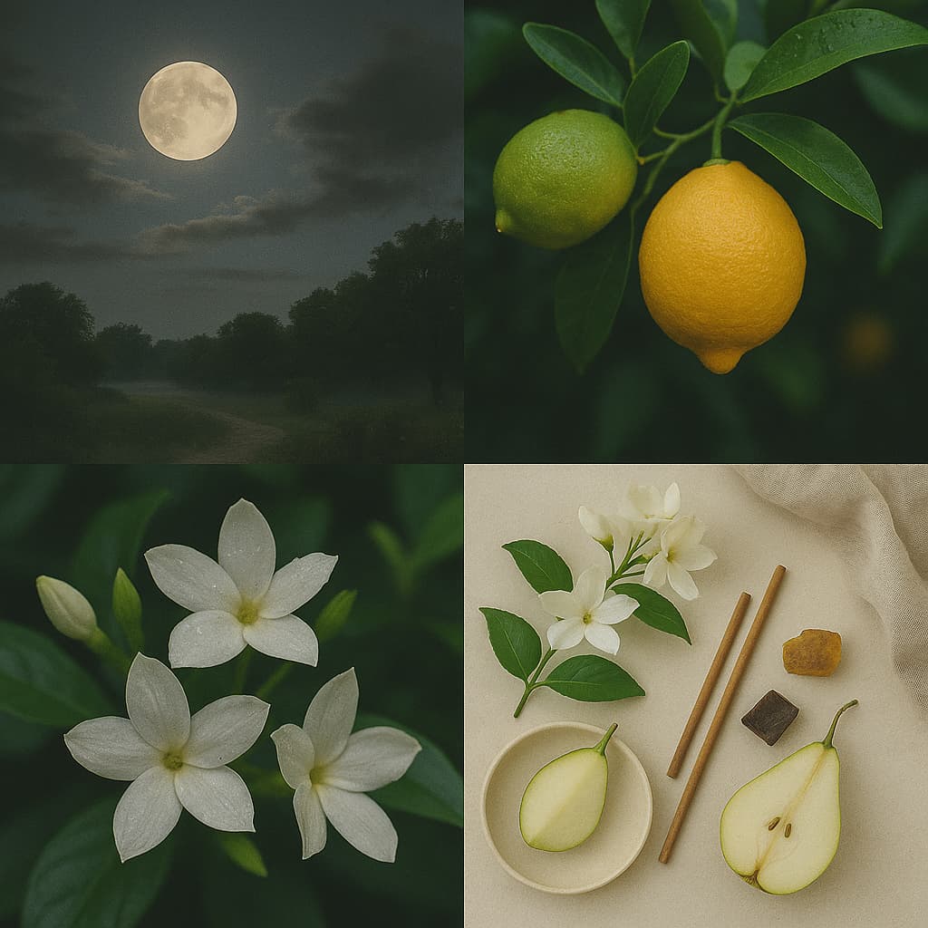 A moonlit collage featuring a glowing full moon over a misty path, citrus fruits on dark green branches, blooming white jasmine flowers, and a soft still life with pear, amber, vanilla, and spice, capturing the mystical calm of Selene’s Whisper.