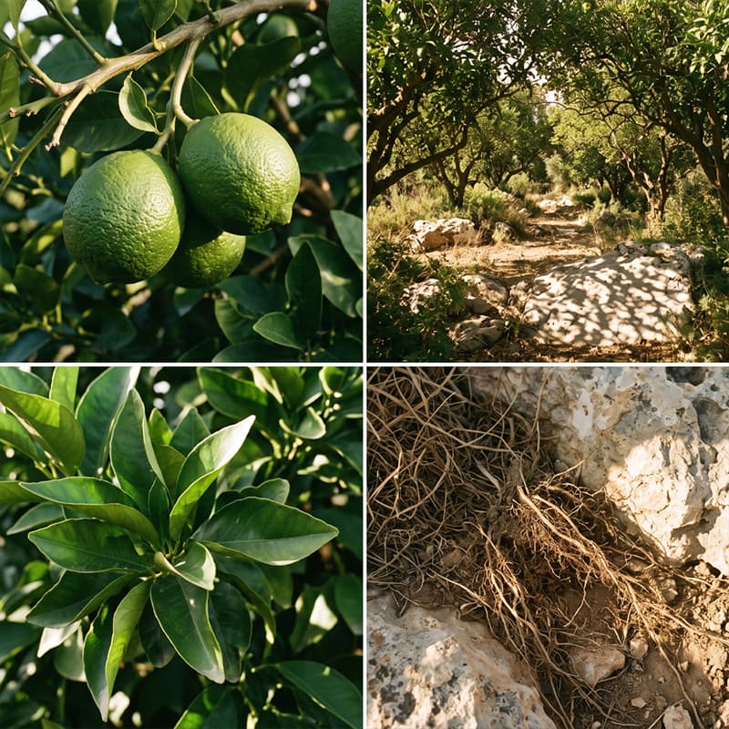 Sicilian Lime & Morning Sun fragrance mood board with fresh limes on the tree, sunlit citrus grove, glossy green leaves and exposed vetiver roots.