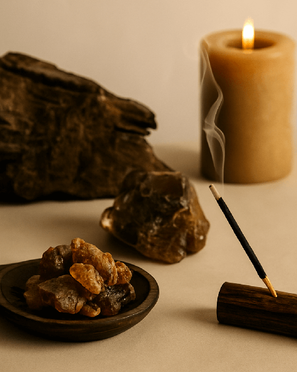 Smoky and Resinous Scent scene with an Incense stick next to a bowl of incense resins and a lit candle on a neutral background