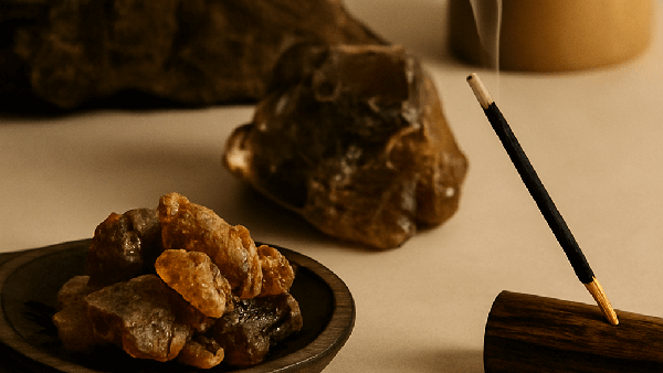 Incense stick and bowl of amber on a textured surface