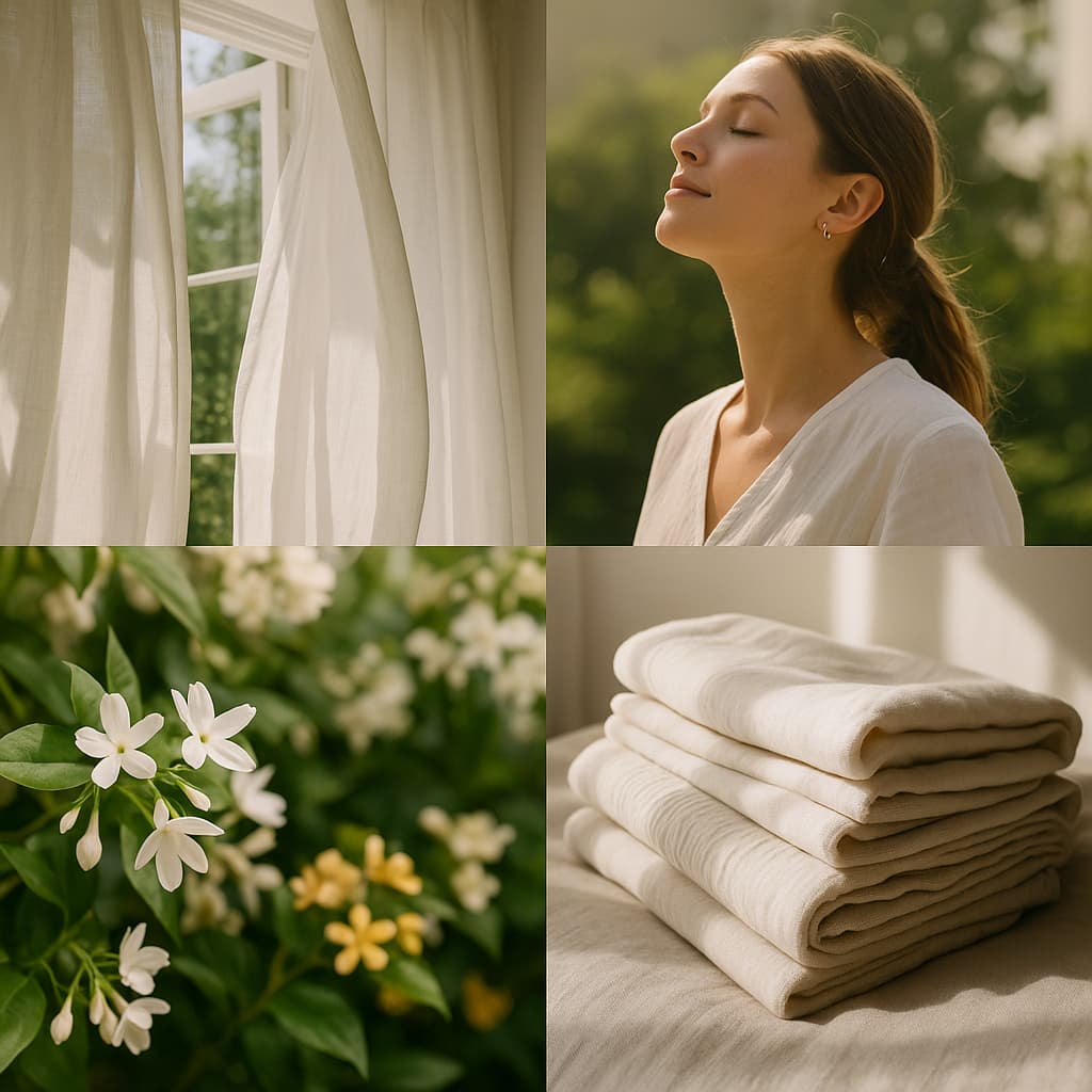 A light, airy collage featuring sunlit curtains billowing at an open window, a woman basking peacefully in morning light, delicate white and yellow blossoms, and neatly folded linen on a sun-washed bed, capturing the clean, comforting freshness of Sunlit Linen.