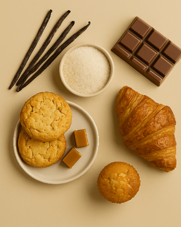 Sweet and Gourmand Scent Scene with pastries, cookies, a croissant, vanilla beans, sugar, and chocolate on a beige background.