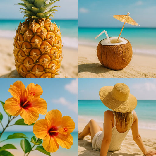 A collage of four tropical-themed photographs featuring sunny beaches, ripe pineapple, fresh coconut, and vibrant peach tones, evoking a joyful, fruity, and exotic summer scent inspired by island escapes.