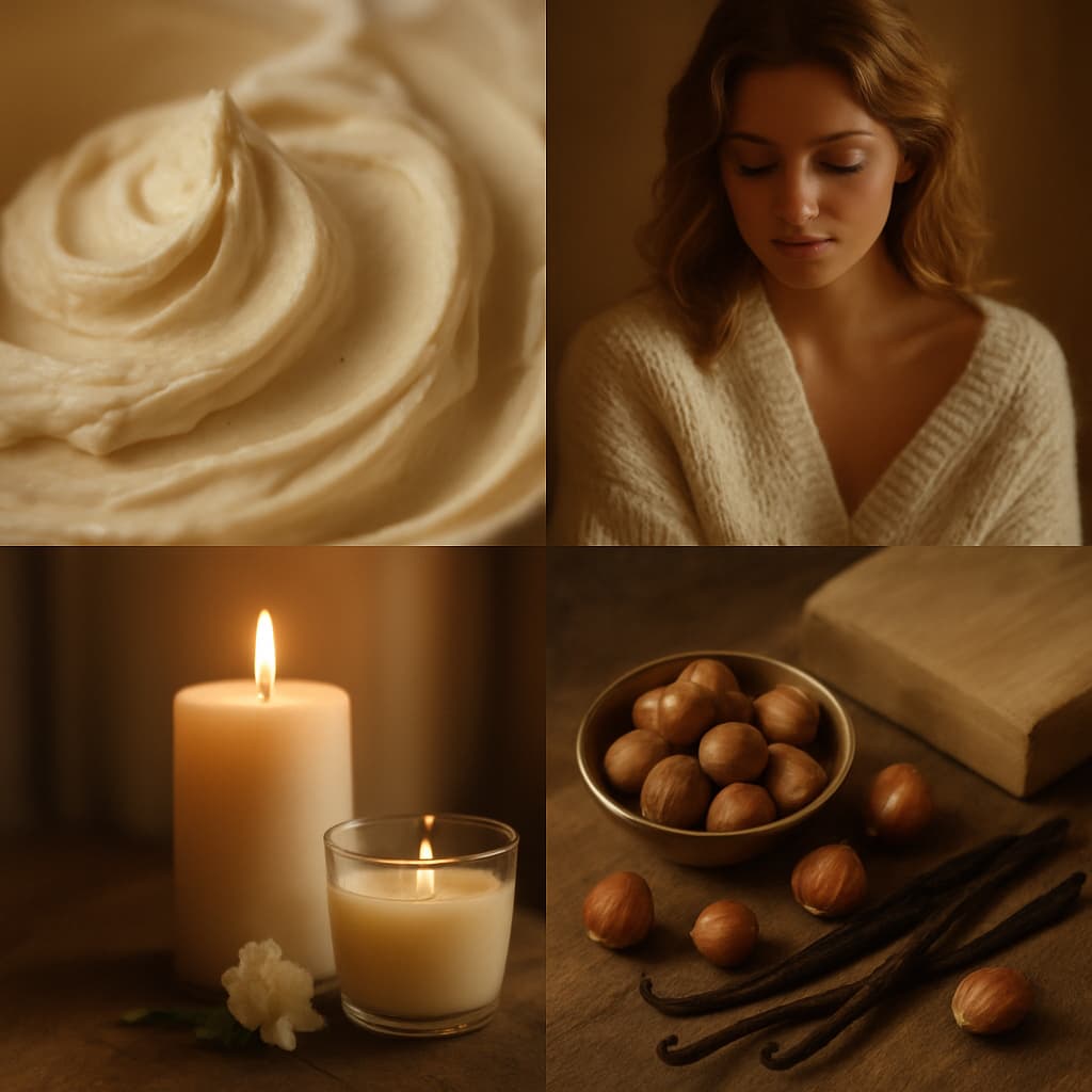 Collage of a close-up of whipped cream, a woman in a white sweater, candles, and nuts on a wooden surface.