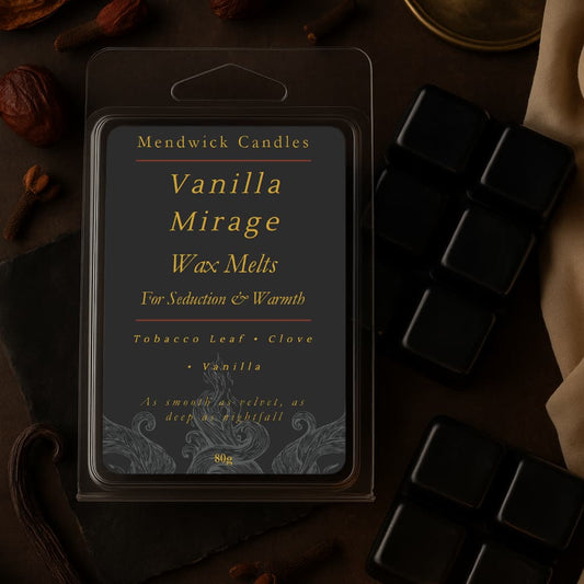 Packaging of Mendwick Candles Vanilla Mirage Wax Melts on a dark background with wax melts.
