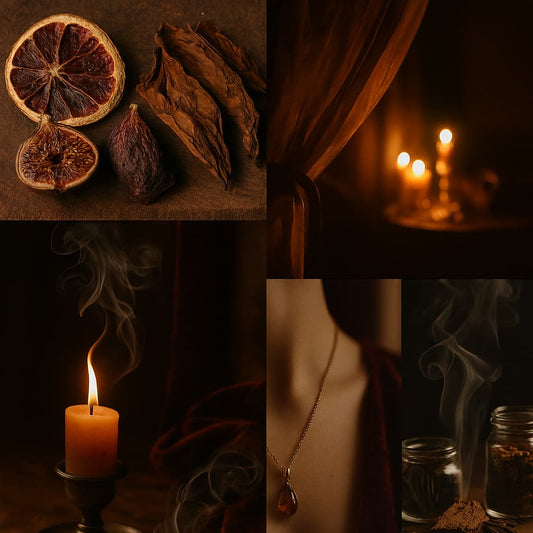 Collage of images including dried fruits, candles, and a jar with smoke, capturing the feeling of vanilla mirage 
