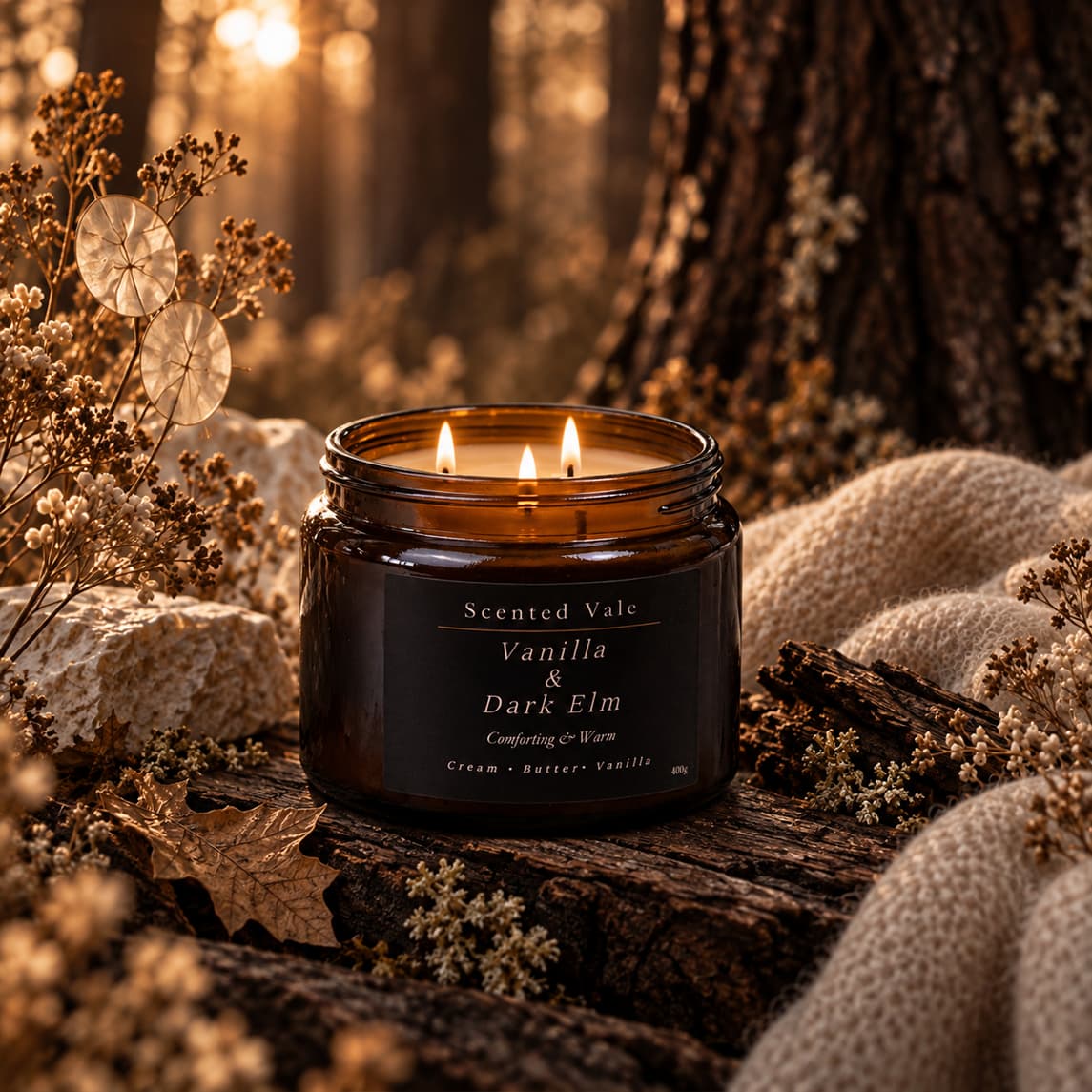 A lit amber glass jar candle labeled 'Scented Vale Vanilla & Dark Elm' sits on a rustic log surrounded by dried flowers, soft beige fabric, and warm blurred forest-like background lighting.