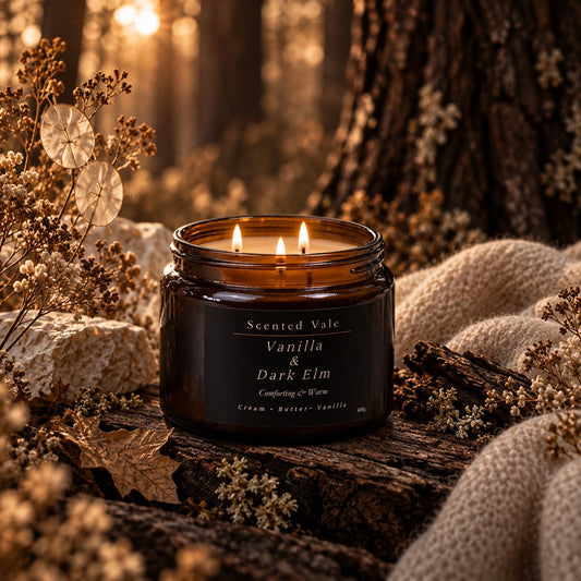 A lit amber glass jar candle labeled 'Scented Vale Vanilla & Dark Elm' sits on a rustic log surrounded by dried flowers, soft beige fabric, and warm blurred forest-like background lighting.