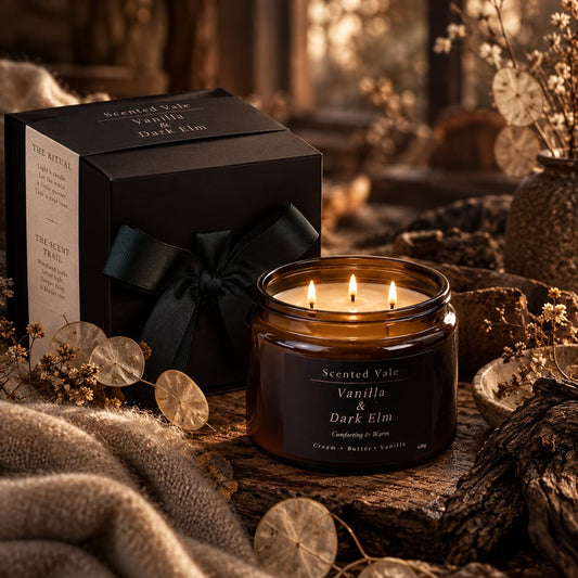 A lit amber glass jar candle labeled 'Scented Vale Vanilla & Dark Elm' sits on a rustic wood surface beside its black gift box with a dark ribbon. The scene is styled with dried botanicals, soft fabric, and warm ambient lighting.