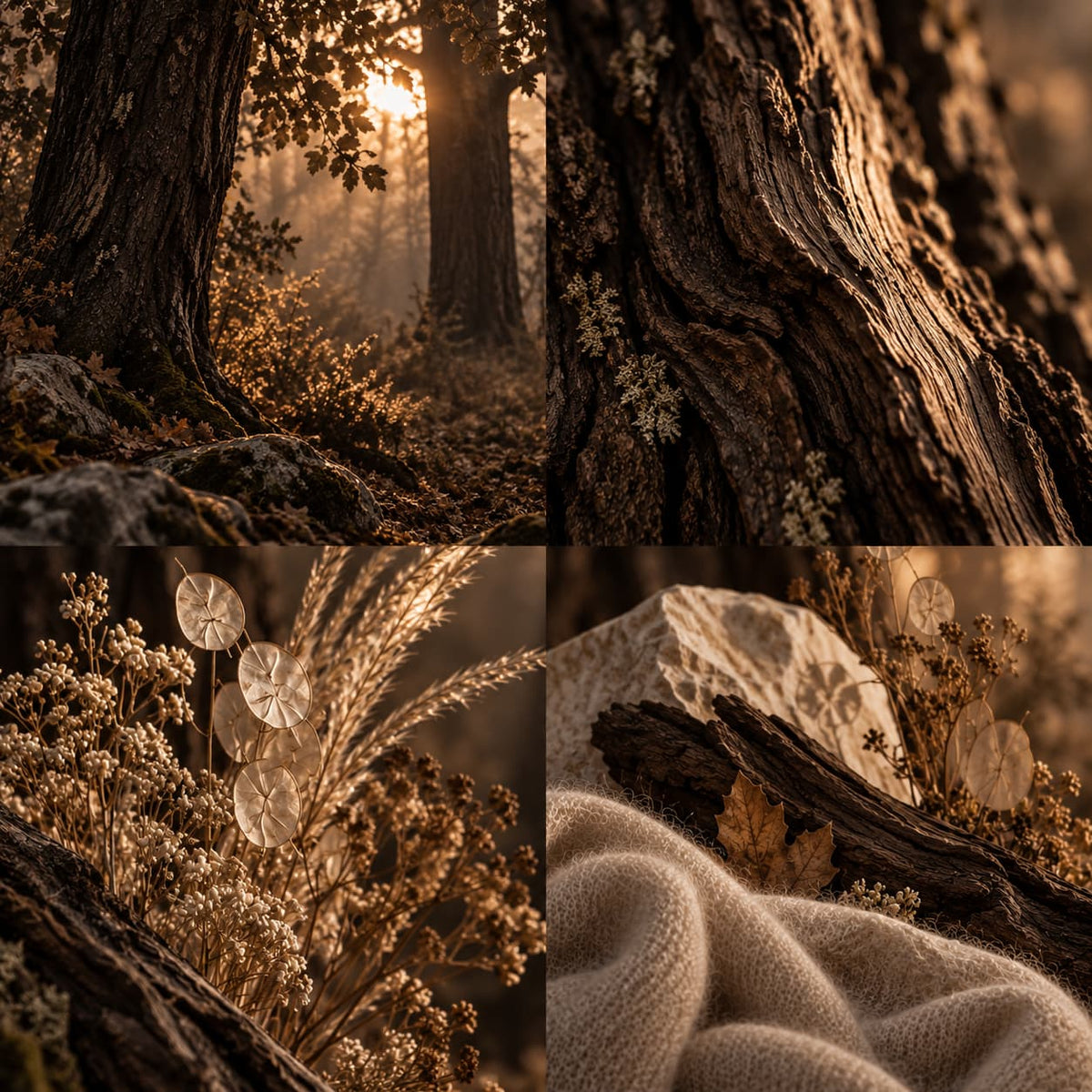 A four-panel collage of warm, golden-toned autumn forest textures: sunlit tree trunks in a woodland scene, close-up bark texture, dried grasses and small flowers, and a soft knitted cream textile resting on wood with a leaf.
