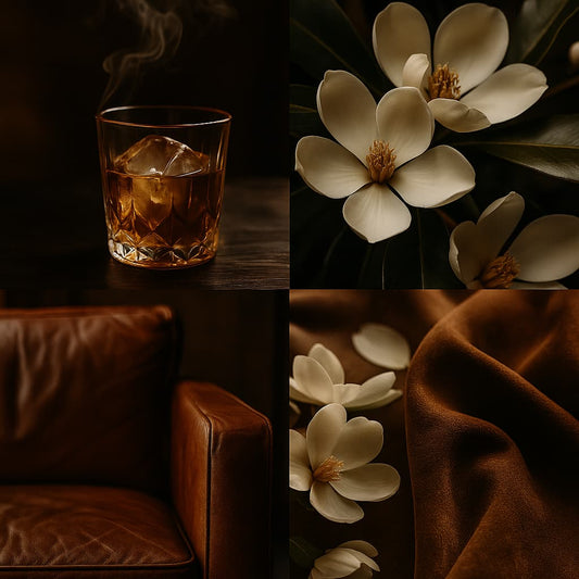 A collage of four square photographs evokes the essence of Velvet Hide, featuring warm lighting on textured leather, soft floral shadows, golden amber tones, and tailored interior details, capturing a sophisticated, suede-like, and spicy-leathery fragrance mood.