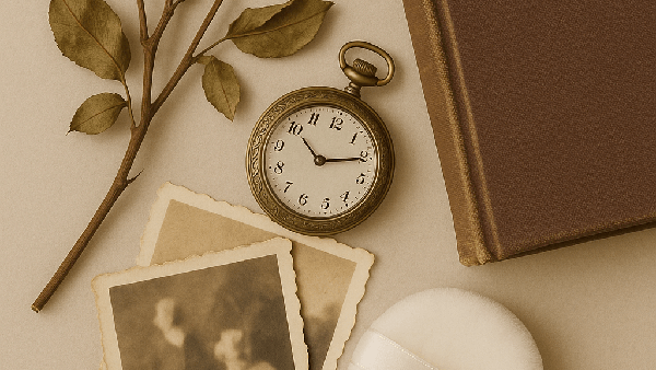 Vintage pocket watch with a branch, photos, and a book on a beige surface