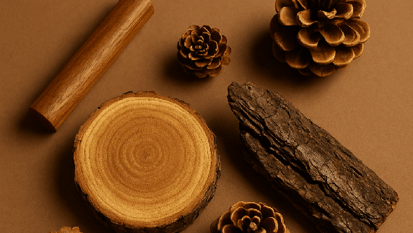 Wooden log, pinecones, and a stick on a brown background