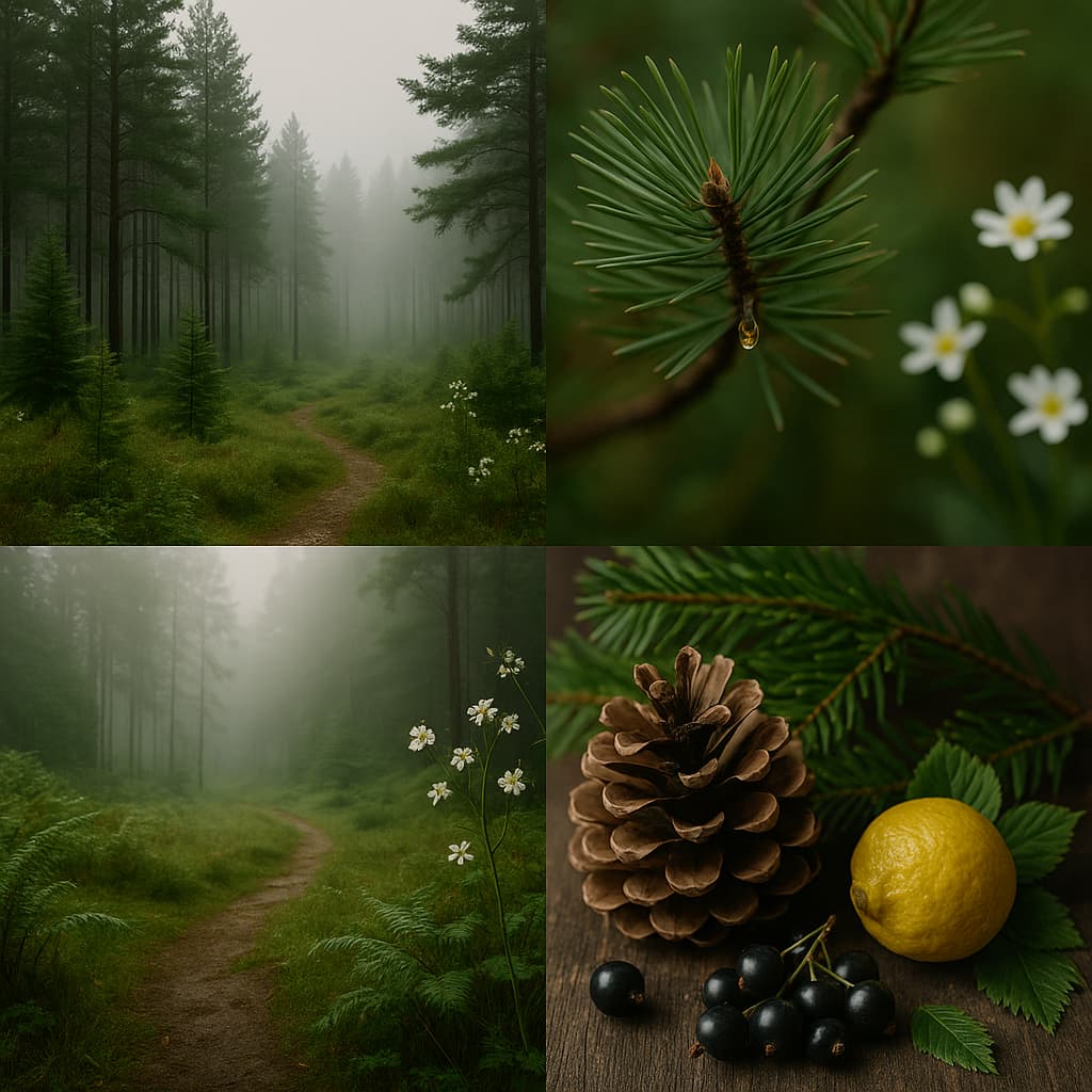 A misty forest collage featuring pine trees shrouded in fog, moss-covered ground underfoot, sunlight filtering through tall branches, and sparkling balsam resin on bark, capturing the fresh, magical stillness of Whispering Pines.