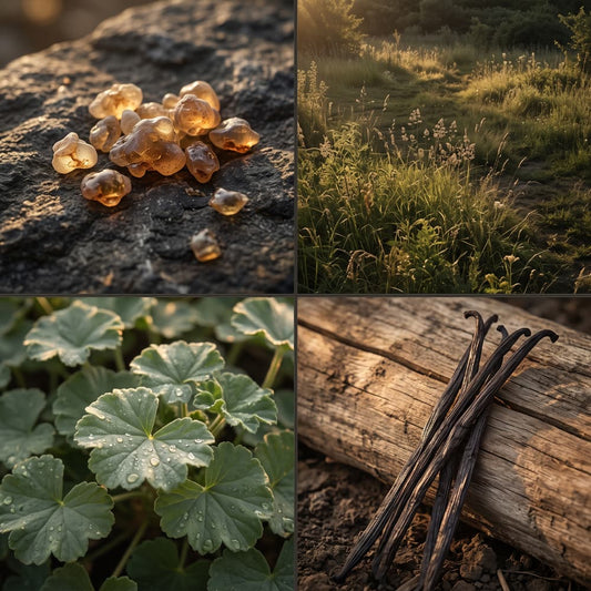 White Musk & Golden Light fragrance mood board with glowing amber resin, sunlit meadow grasses, dew-covered geranium leaves and dark vanilla pods.