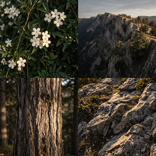 Wild Jasmine & Sunlit Ridge fragrance mood board with white jasmine flowers, sunlit mountain cliffs, rugged cedar bark and warm rocky terrain