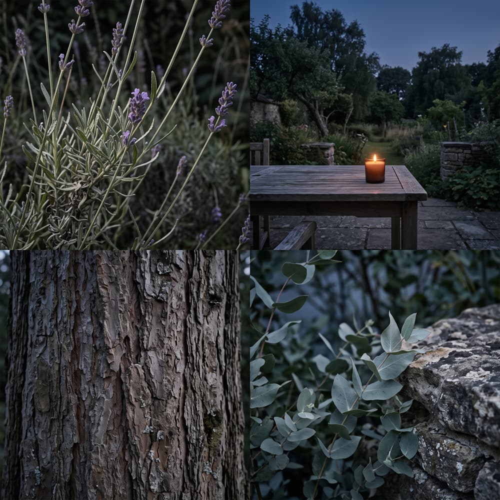 Wild Lavandin & Twilight Air fragrance mood board with purple lavandin, a candlelit twilight garden, rugged cedar bark and silvery eucalyptus leaves.